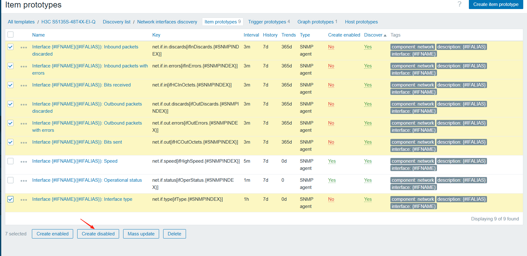 1.6 接口的监控项 只保留 接口速率、接口状态